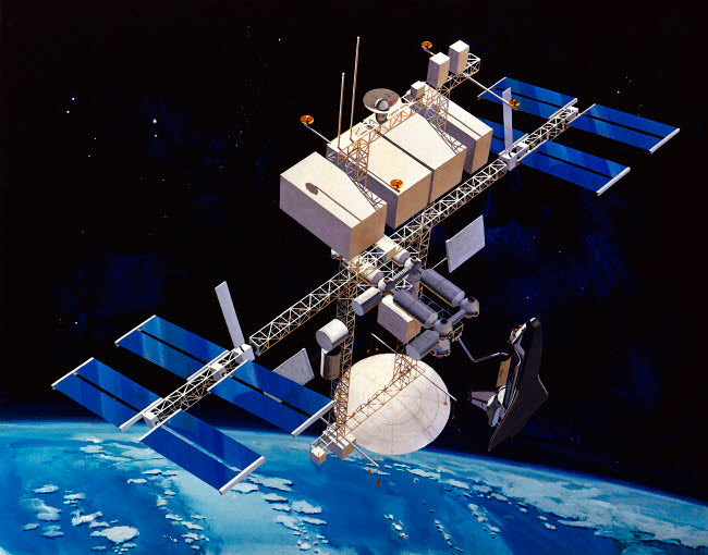 Painting of Space Station Poster Print showcasing a detailed view of a space station.