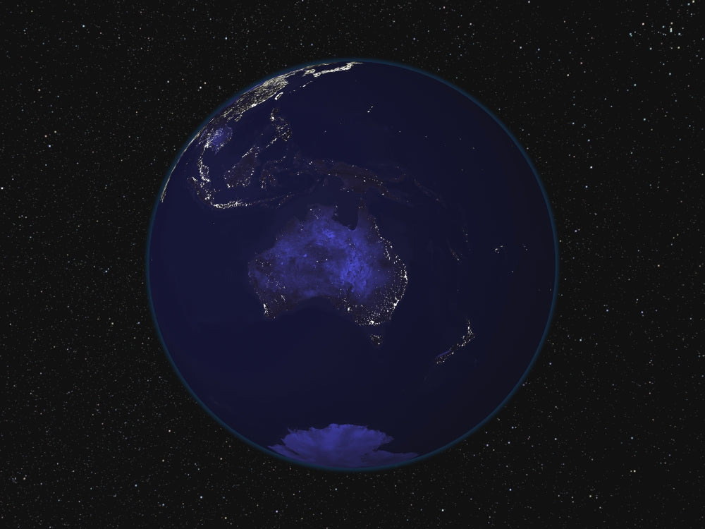 Full Earth at night poster print showcasing vibrant city lights over Australia and Oceania.