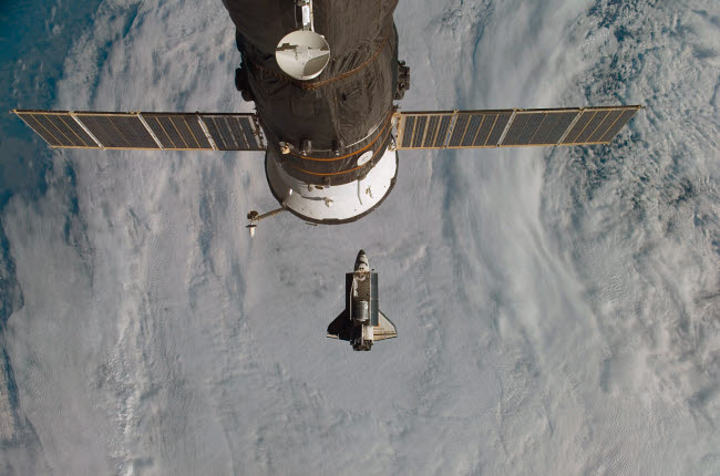 Space Shuttle Discovery with Russian spacecraft poster print.