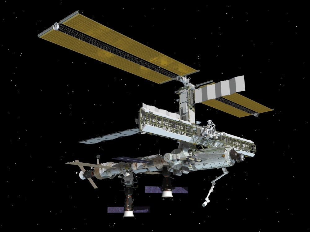 Computer generated view of the International Space Station poster print, showcasing detailed space imagery.