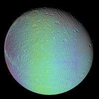 False color view of Saturn's moon Dione poster print showcasing vibrant colors and details.