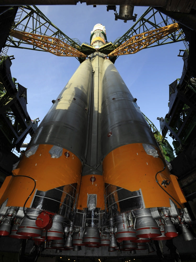 Soyuz TMA-13 spacecraft arriving at the launch pad at Baikonur Cosmodrome poster print.