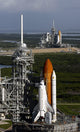 Space Shuttle Atlantis and Endeavour on launch pads at Kennedy Space Center poster print.