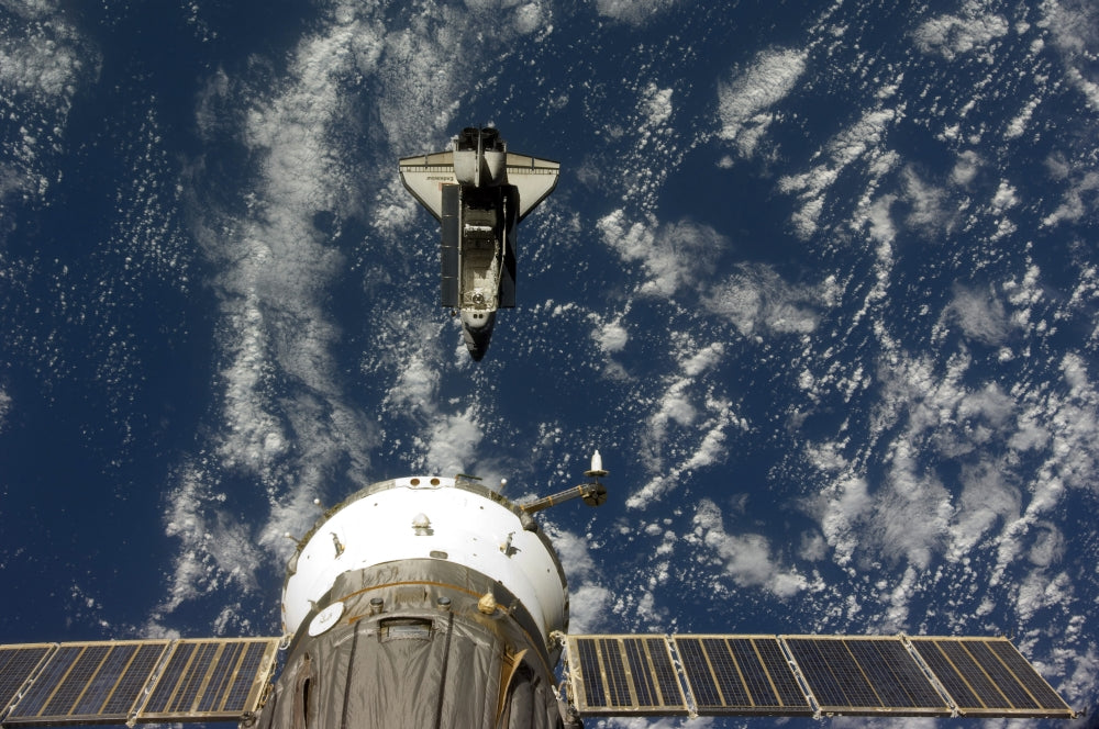 Space Shuttle Endeavour and Soyuz spacecraft poster print
