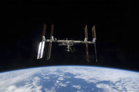 International Space Station and Space Shuttle Discovery poster print, showcasing Earth and space.