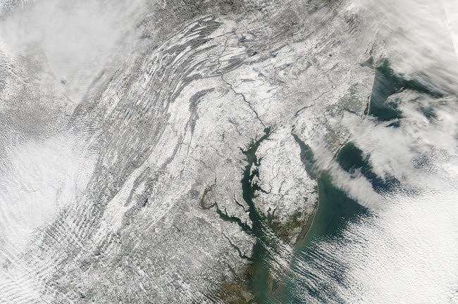 Satellite view of a massive Nor'easter snow storm over Chesapeake Bay poster print.
