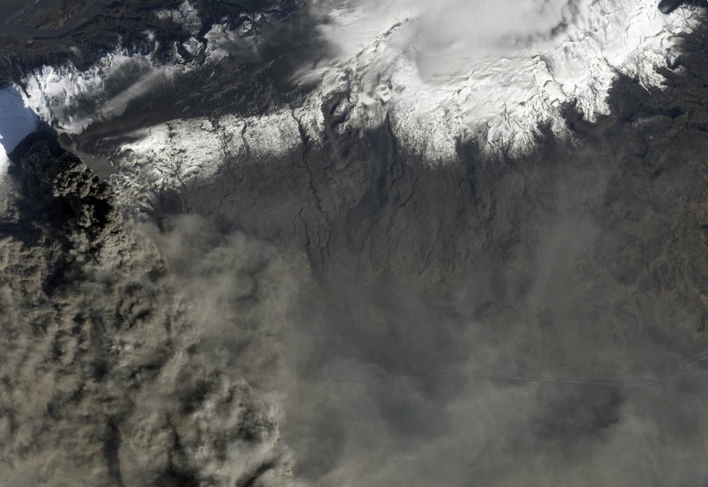 Satellite view of an ash plume rising from Eyjafjallajökull volcano, Iceland.