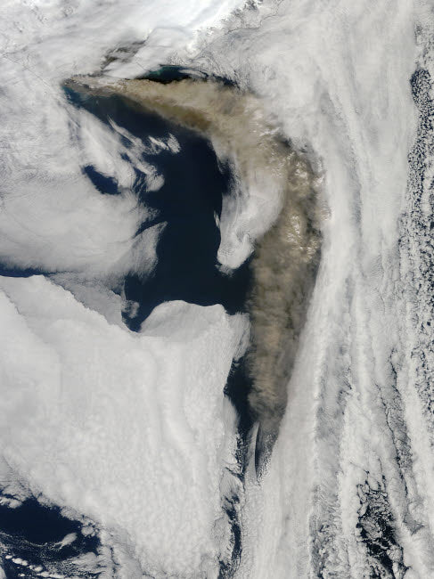 Satellite view of Eyjafjallajökull volcano ash plume poster print.
