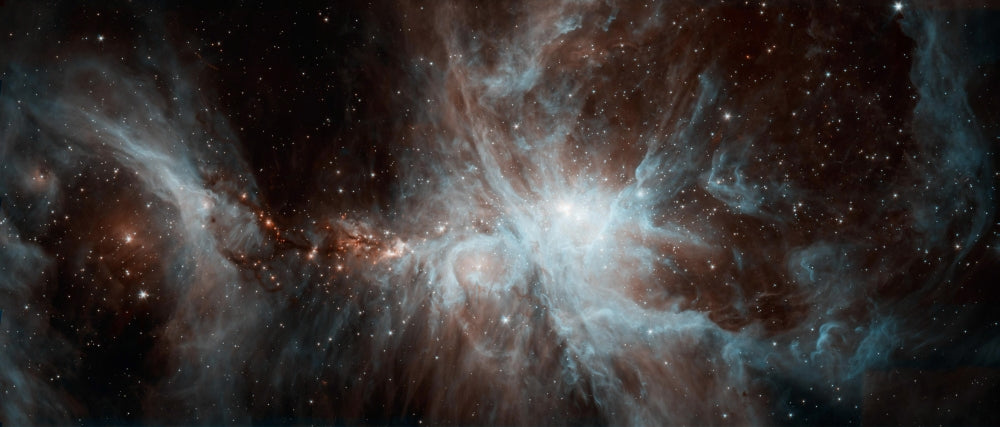 A Colony of Hot Young Stars in the Orion Nebula Poster Print showcasing vibrant cosmic colors.