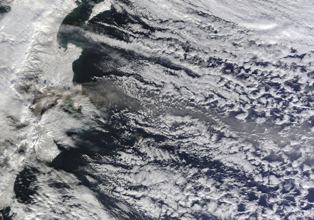 Satellite view of ash plume from Shiveluch volcano poster print.