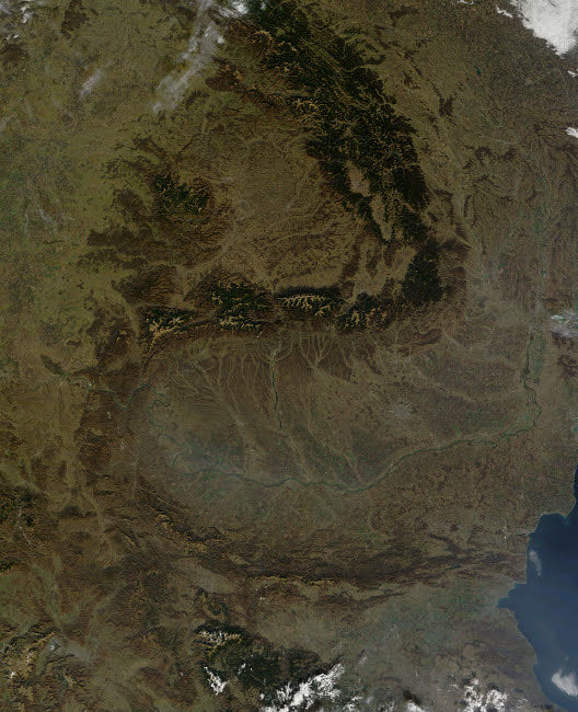Satellite view of the Carpathian Mountains poster print showcasing vibrant landscape.