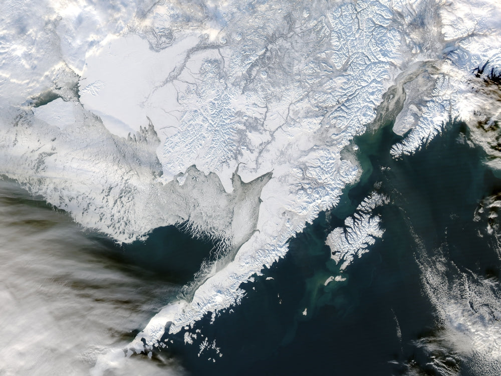 Satellite view of Southwestern Alaska poster print showcasing vibrant landscapes.