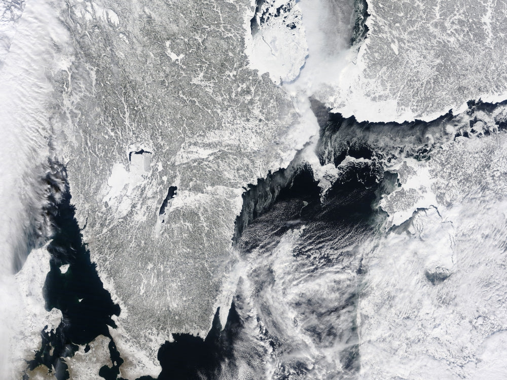 Satellite view of sea ice along the coasts of Sweden and Finland poster print.
