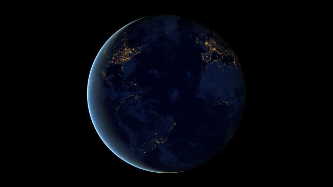 Digital composite poster of Earth's city lights at night over the Atlantic Ocean.