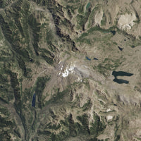 Satellite view of Copahue Volcano with glacier and acidic lake.