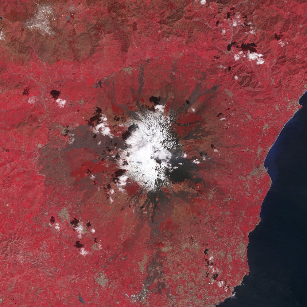 Satellite view of Mount Etna emitting volcanic gases poster print.