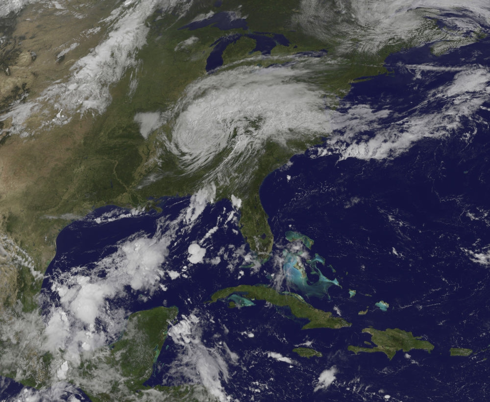 Tropical Cyclone Harvey weather poster print showcasing storm clouds over the Mid-Atlantic region.