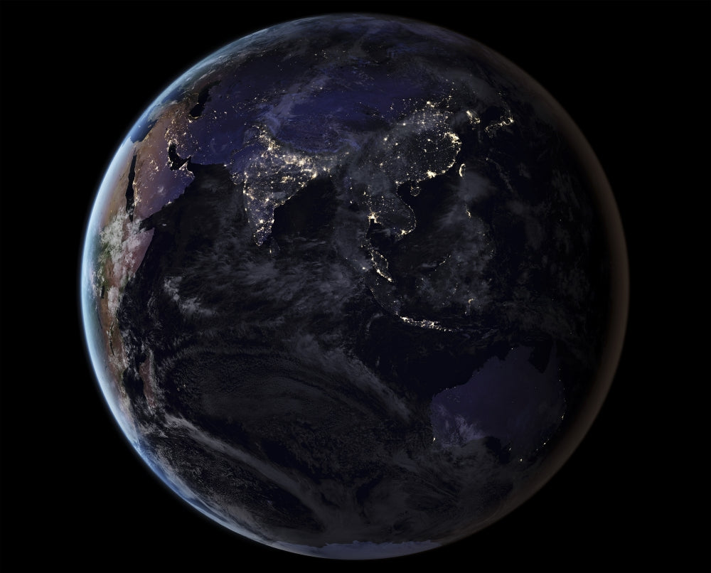 Full Earth at Night poster print showcasing city lights of Asia
