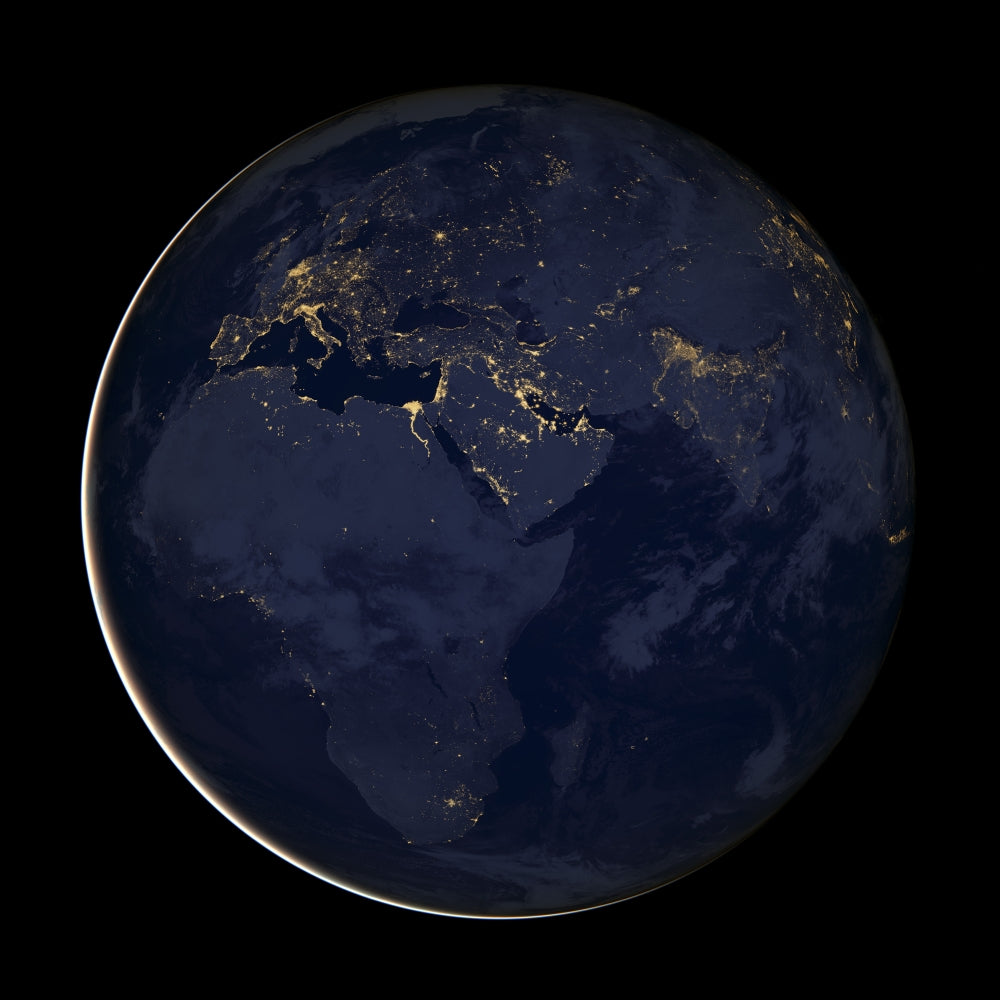 Poster print of Europe, Africa, and Middle East at night with city lights.