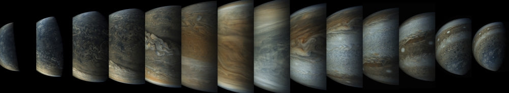 Color enhanced sequence of Jupiter images taken by Juno spacecraft.