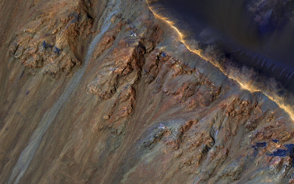 Enhanced color close-up poster print of Krupac Crater on Mars.