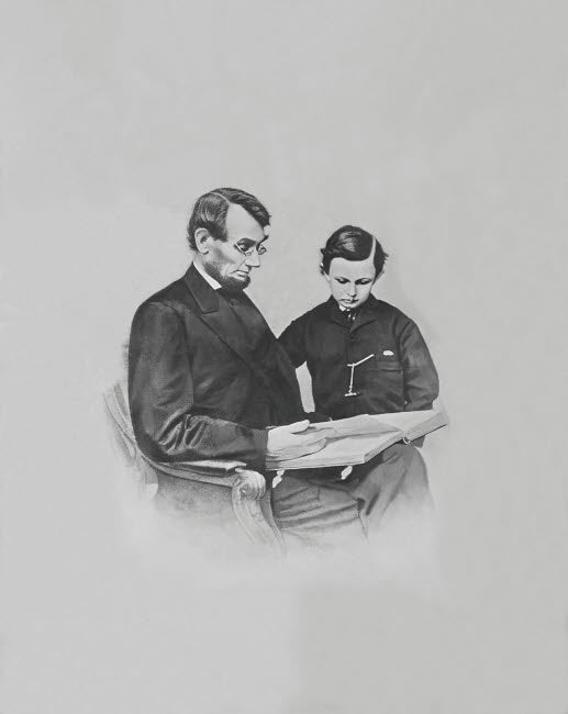Poster print of President Abraham Lincoln and his son Tad looking at a book.