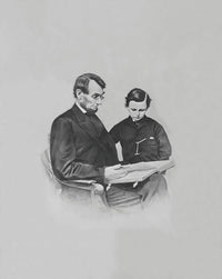 Poster print of President Abraham Lincoln and his son Tad looking at a book.