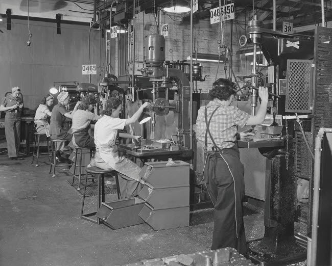 Women drill press operators working in a west coast airplane factory circa 1942 poster print.