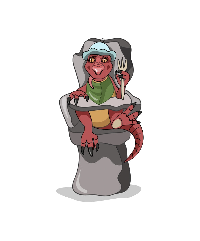Baby Tyrannosaurus Rex sitting in a high chair poster print.