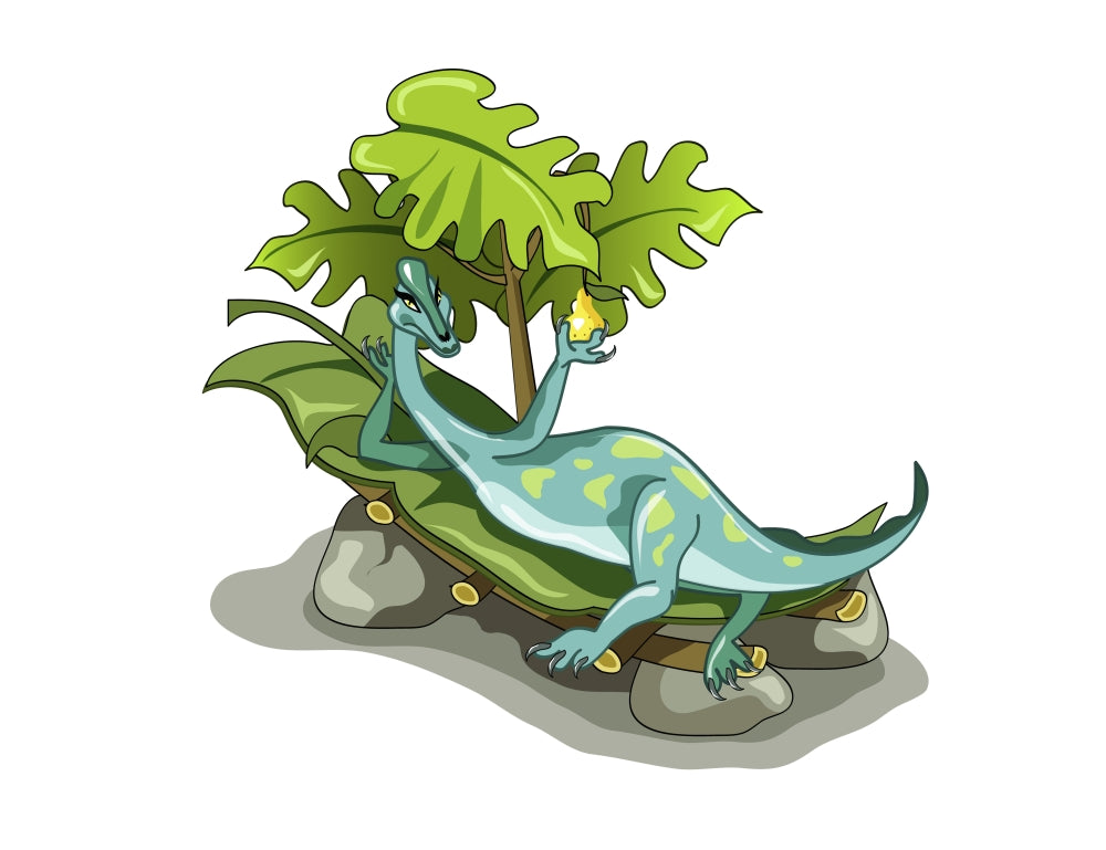 Iguanodon sunbathing illustration poster print.