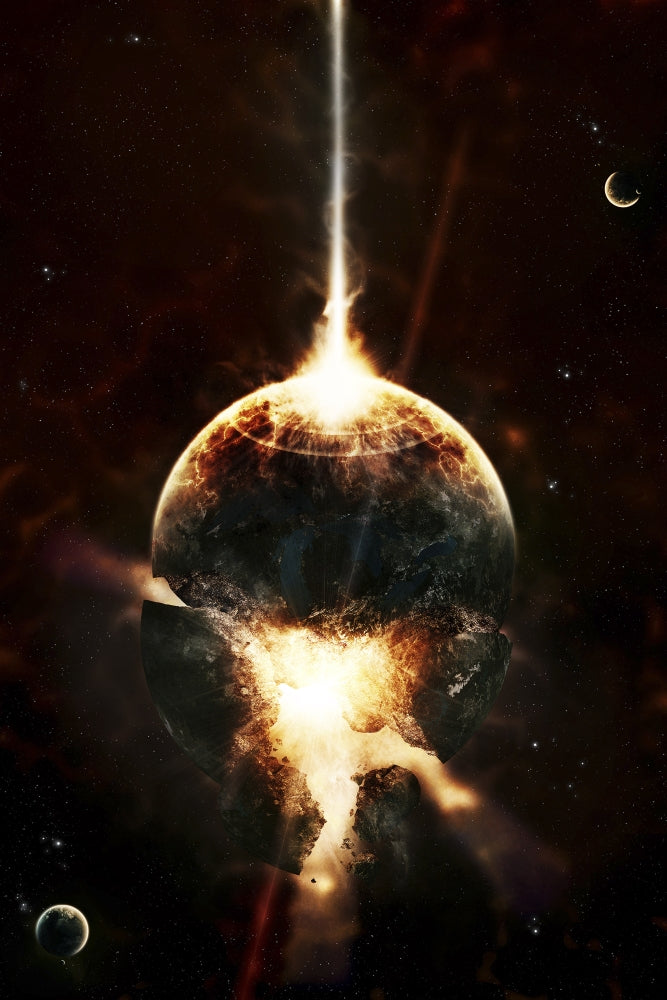 A Concentrated Gamma Ray Strikes A Planet Poster Print showing cosmic explosion.