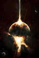 A Concentrated Gamma Ray Strikes A Planet Poster Print showing cosmic explosion.
