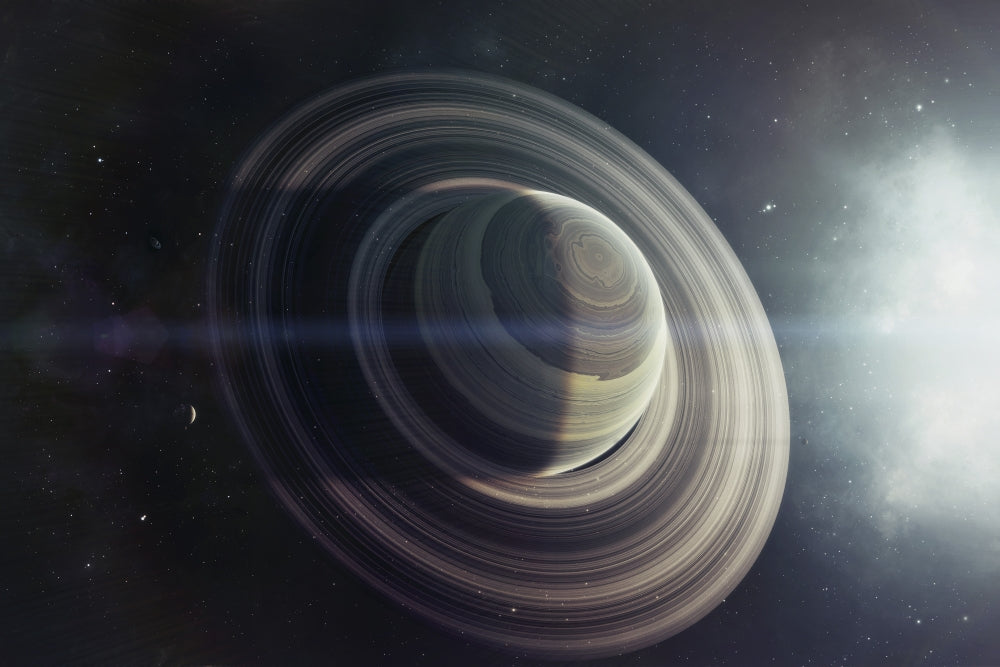 Light from a nearby star illuminating a massive ringed gas giant poster print