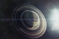 Light from a nearby star illuminating a massive ringed gas giant poster print
