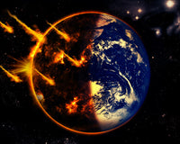 A dramatic poster print depicting a swarm of meteorites impacting Earth.
