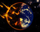 A dramatic poster print depicting a swarm of meteorites impacting Earth.