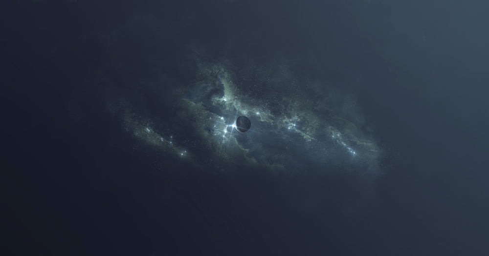Lonely Earth-like planet with moons and nebula poster print.