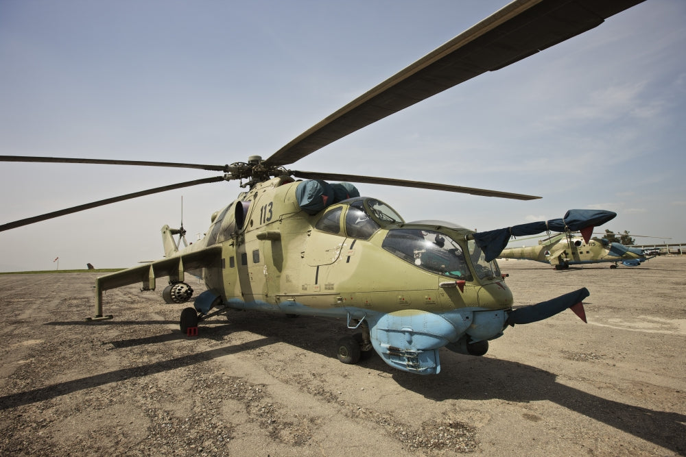 Mi-35 Attack Helicopter poster print featuring Afghan National Army Air Corp at Kunduz Airfield
