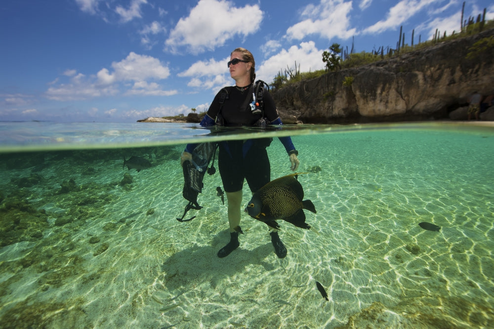 Diver looking out to sea with a French Angelfish swimming around in Bonaire, Caribbean.