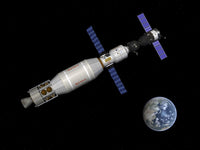 Soyuz Deep Space Explorer Docked Poster Print depicting a spacecraft leaving Earth's orbit.
