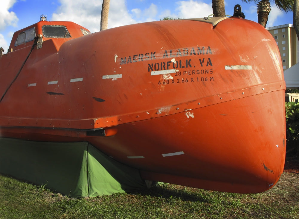 Maersk Alabama lifeboat poster print displayed in Fort Pierce, Florida.