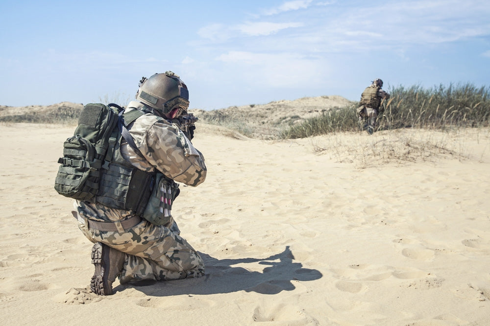 Two Soldiers in the Desert Poster Print by Oleg Zabielin showing military operation.