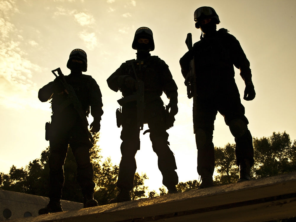 Silhouettes of S.W.A.T. officers holding guns poster print by Oleg Zabielin.