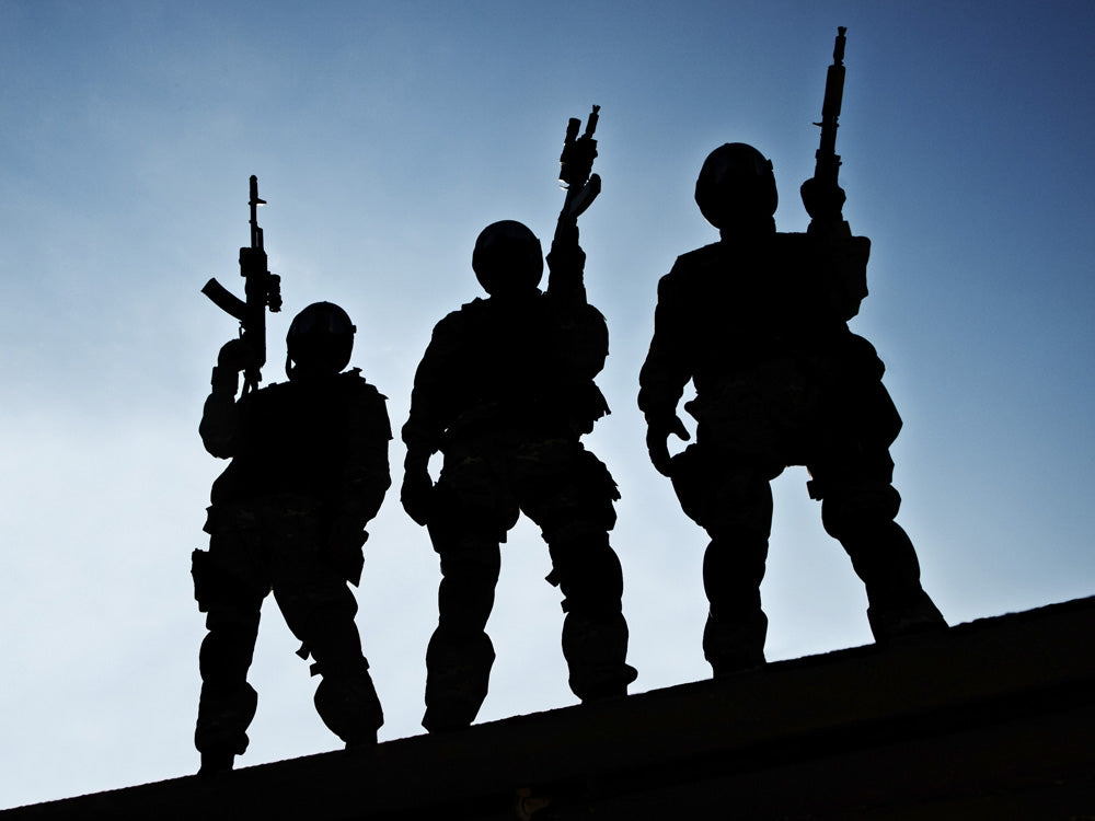 Silhouettes of S.W.A.T. officers holding guns poster print by Oleg Zabielin