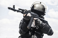 Spec Ops soldier in black uniform and face mask with rifle poster print.