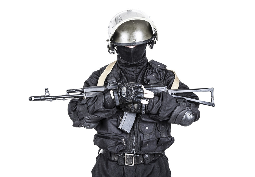 Spec Ops soldier in black uniform and face mask with rifle poster print by Oleg Zabielin.