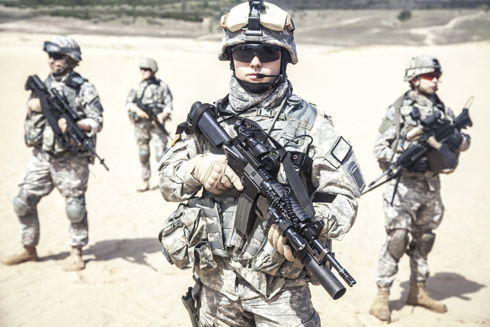 Team of United States Airborne Infantry in camo uniforms poster print by Oleg Zabielin.