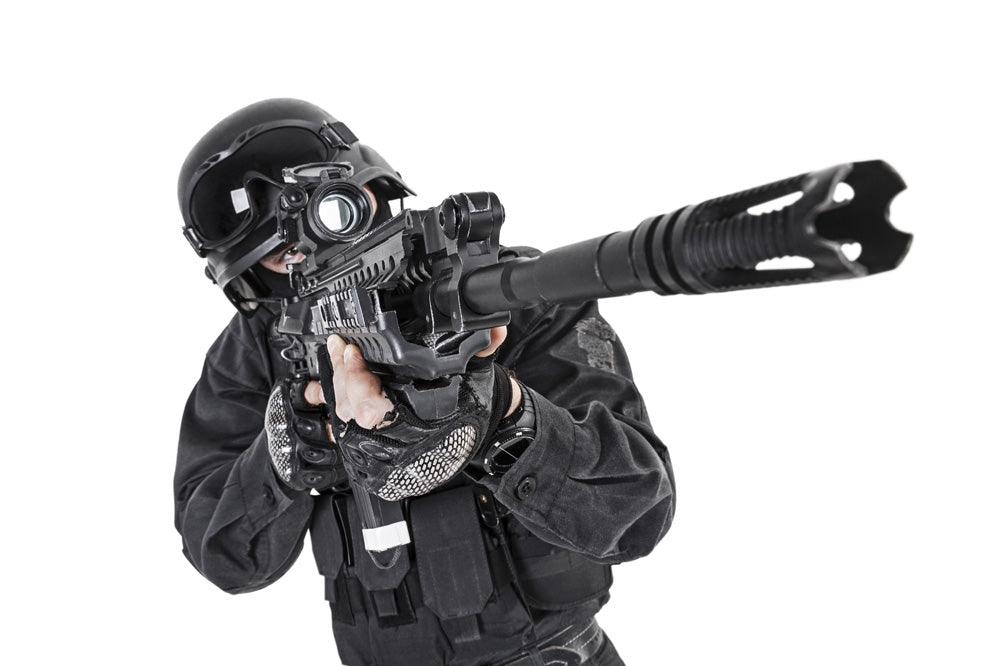 Spec Ops Police Officer SWAT in black uniform studio shot poster print by Oleg Zabielin.