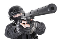 Spec Ops Police Officer SWAT poster print featuring a tactical officer in black uniform with a pistol.