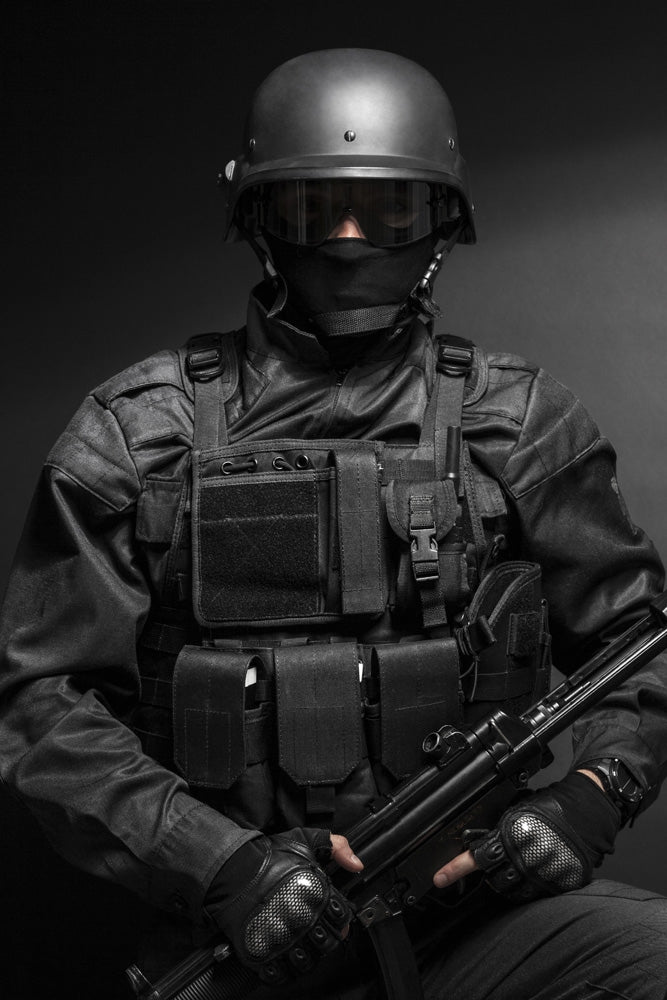 Spec Ops Police Officer SWAT Poster Print showcasing an officer in black uniform with a pistol.